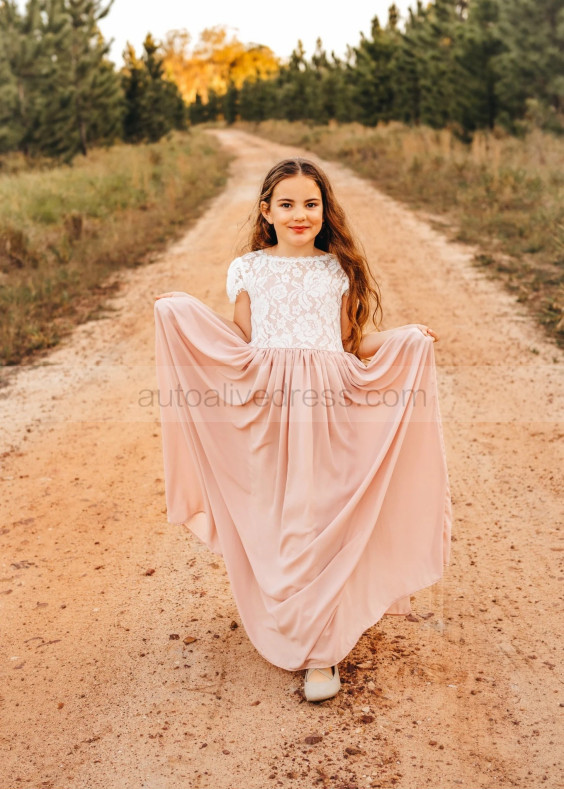 Ivory Eyelash Lace Dusty Blush Chiffon Sweet Flower Girl Dress